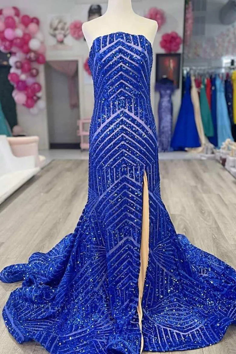 Vestido de fiesta sin tirantes con lentejuelas y abertura
